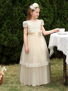 Vestido de verano elegante para niña con aplicaciones de encaje y tela de malla - Champán - Ver 3