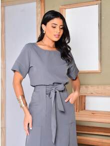 Women's Set Midi Skirt High Waist Front Slit Belt Bow Short Sleeve Blouse Elegant Evangelical Fashion - Xám - Xem 4