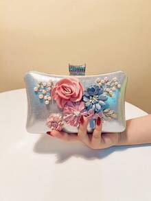 Valentine's Day Gift Love Holiday Date Ramadan Wedding Girlfriend Gift Lady Flower Evening Bags Pink Color Women Small Clutch Purse With Chain Shoulder Flap Design Diamonds Beading Box - Silver - View 2