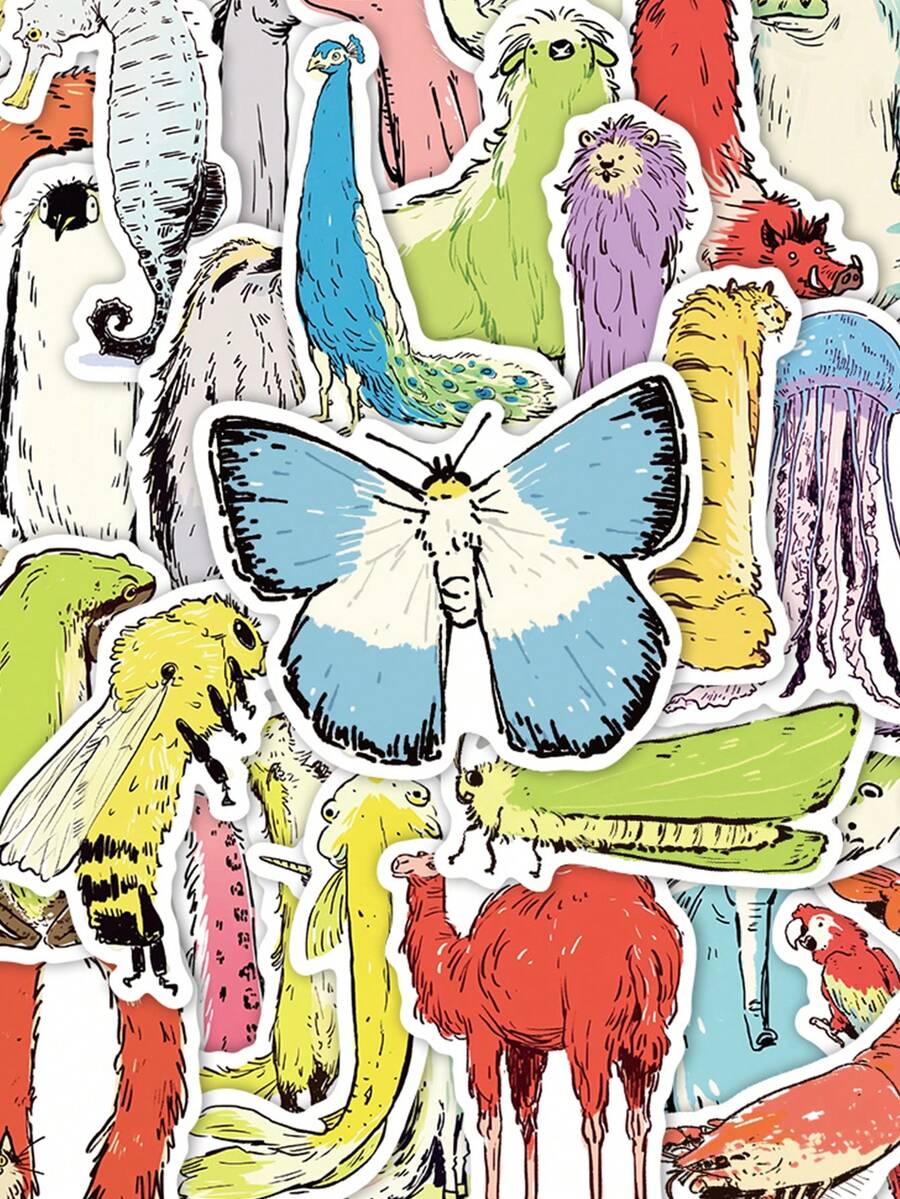 50张细长动物油画插画贴纸手册笔记本电脑手机壳行李箱滑板头盔桌面装饰贴