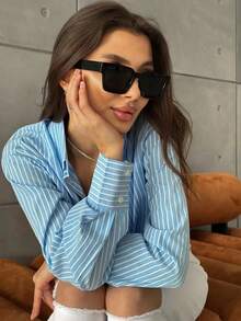 1 Pair Unisex Retro Square Fashion Glasses, Classic Black Plastic Frame, Versatile Style Suitable For All Face Shapes, Ideal For Couples To Gift Each Other For Summer Beach, Shopping, Commuting, Travel, Cycling, Driving, Stage Performance, Parties And Gatherings - Black - View 6