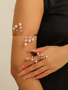 1pc Summer New Chic Geometric Pearl Armband & Finger Ring, Fashion Exaggerated Alloy Metal Adjustable Bracelet/Ring, Beach Holiday Wear - Gold - View 5