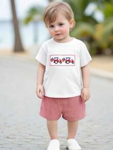 Toddler Baby Boy Summer 4th Of July Outfit American Flag Truck Short Sleeve T-Shirts Plaid Elastic Waist Shorts 2 Piece Summer Set - White - View 3