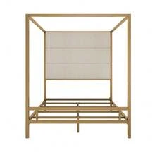 MERAX Modern Gold Canopy Bed With Tall Linen Fabric Upholstered Headboard Metal 4-Poster Bed Frame, Box Spring Needed, Queen - Vàng + Nâu (Cỡ Queen) - Xem 5