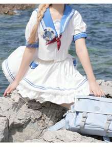Gotea Girl's Sailor Uniform Set, Blue Navy Academy Style Short Sleeve Summer Set (Comes With Tie)