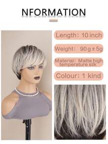 1pc Women Short Layered Pixie Wig With Bangs, Mixed Gray&White Highlight Synthetic Hair Wig, 10 Inch Mixed Light Brown Highlight Wig, Suitable For Daily Wear & Party