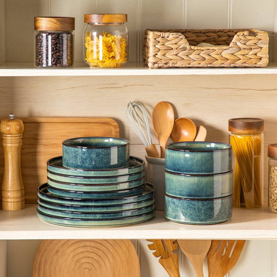 vancasso 12 Pieces Kitchen Dinnerware Set, Green Set, Stoneware Dinnerware, Plate And Straight Edge Bowl Set For 4 Person - Green - View 1