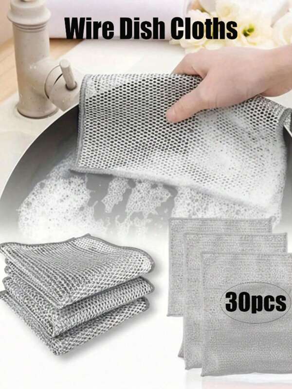 5/10/20/30pcs Iron Wire Sponge Cloths, Scratch-Free Metal Wire Dish Cleaning Cloths, Multi-Purpose Metal Wire Dish Scrubber, Easy To Rinse And Reusable, Metal Wire Cleaning Cloth, Metal Wire Dish Rag, For Kitchen, Sink, Pans, Washing And Cleaning Utensils, Sink, Counter, Stove, Reusable Kitchen Cleaning Towel, Dishcloth, Non-Lint, Stripe-Free, Washable Dishcloth, Kitchen Accessories, Kitchen Cleaning Tools, Kitchen Items, Cleaning, Kitchen Towel