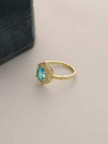 Flyleaf 1 Piece Vintage S925 Sterling Silver 14K Gold Color Geometry Blue Artificial Topaz Open Ring For Women Party Banquet Engagement Fine Jewelry