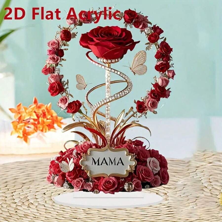 1pc 2D Red Rose & Butterfly "MAMA" Acrylic Desk Decor, Desktop Home Decoration, Suitable For Mother's Day, Mom's Birthday Gift