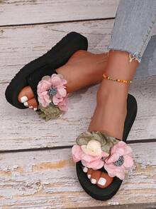 Flower Decor 女士夏季户外拖鞋，2025 年新款，时尚坡跟厚底女士拖鞋 - 彩色 - 查看 2