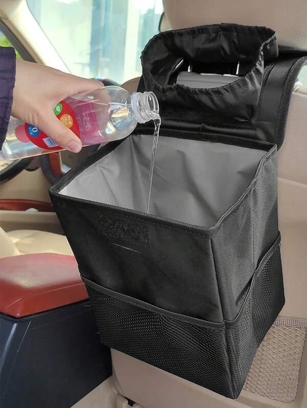 1 قطعة سلة قمامة السيارة مصنوعة من قماش أكسفورد الأسود مقاوم للماء والتآكل