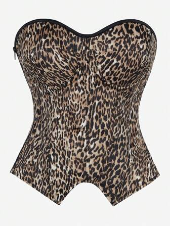 Overbust Corset Top Bustier, Striped With Cups, Strapless Women's Bodysuit, Slimming Shapewear, Suitable For Costume Party, Halloween, Leopard Print