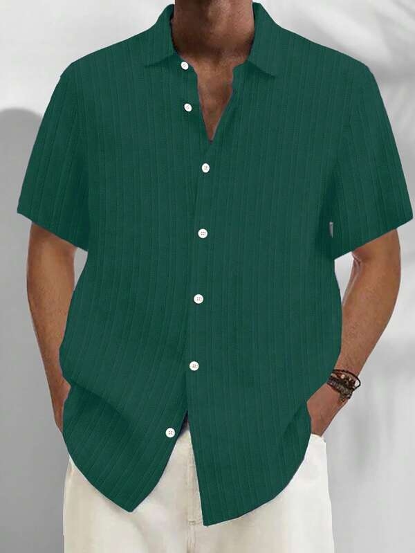 Plus Size Men's Casual Basic Ribbed Striped Textured Fabric Button-Down Short Sleeve Polo Shirt