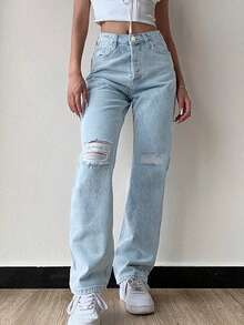 Women Stretch Ripped Distressed Denim Jeans, Spring/Summer Casual Long Pants - Blue - View 5