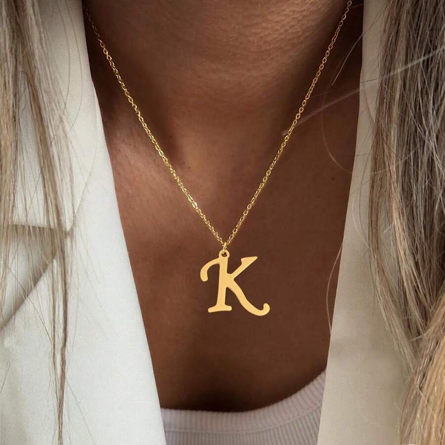 1 pieza Collar con colgante de acero inoxidable con inicial grande clásica y sencilla para mujeres - Amarillo Oro - Ver 1