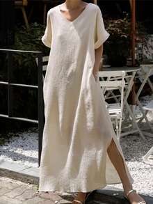 女式简约纯色V领宽松开衩连衣裙，夏季 - 白色 - 查看 1