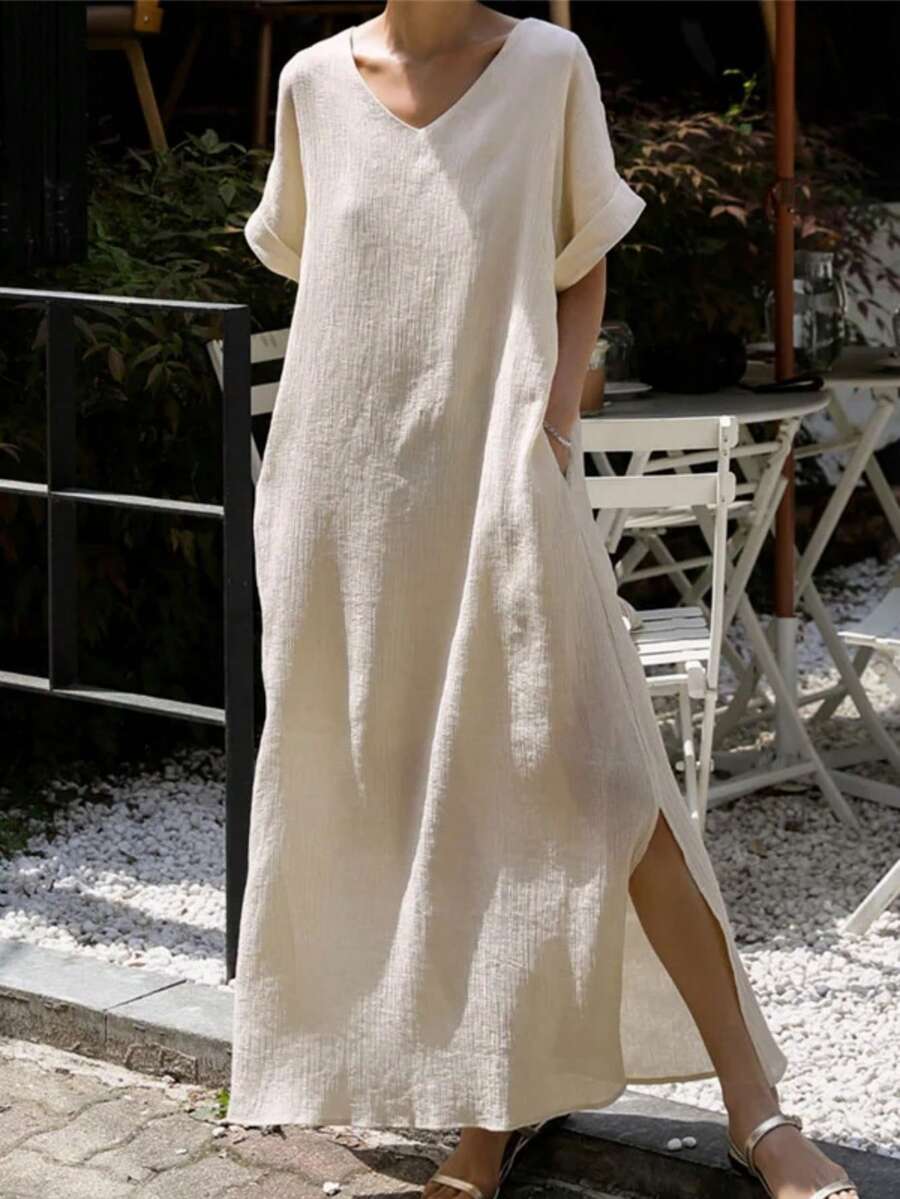 女式简约纯色V领宽松开衩连衣裙，夏季 - 白色 - 查看 1