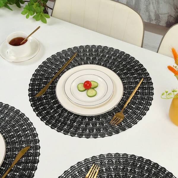 1 pieza/4 piezas/6 piezas/8 piezas Manteles individuales redondos resistentes al calor y antideslizantes de PVC dorados/plateados para comedor occidental, hotel, restaurante, fiesta, boda, decoración festiva, manteles aislantes térmicos para mesa