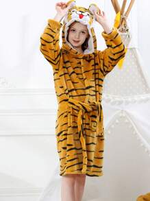 MICHLEY MICHLEY 1pc Kids Hooded Bathrobe With Belt Pockets Cartoon Animal Tiger Style Soft And Comfortable Nightgown Unisex Suitable For Living Room, Swimming Pool, Bathroom Kids Gift
