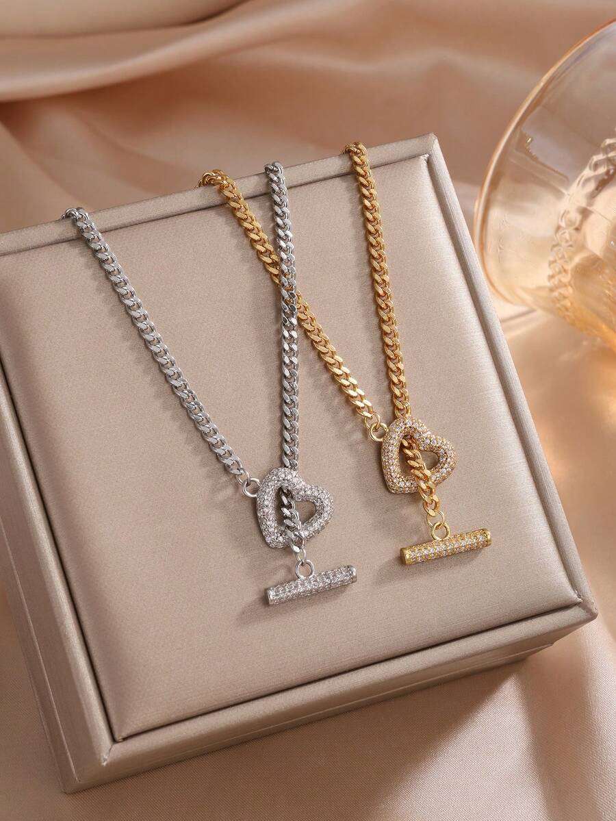rakol Minimalist Luxury Women's Pendant Necklace, Hollow Heart Pendant With Full Diamond Inlay On Cuban Chain, Silver Cold Tone Or Warm Golden Tone, Suitable For Women's Daily, Date Or Light Party Occasions - Necklace - View 1