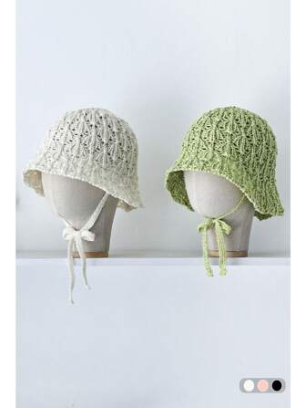 1pc 女针织棉薄款渔夫帽春秋镂空系带森林风修脸可爱针织镂空渔夫帽夏季薄款透气渔夫帽甜美纯色系带渔夫帽