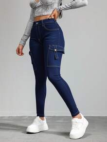 Women Jeans - 深色水洗藍 - 查看 5