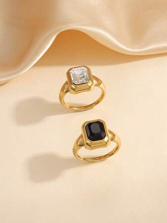 Set de 2 anillos de acero inoxidable de color dorado elegante, con gemas negras y blancas incrustadas, adecuado para uso diario de la mujer o como regalo