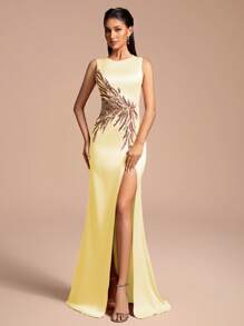 Elegant Long Slit Sequin Floral Party Dress, Prom Dress