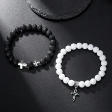 1 Set 2pcs Street Style Design White Turquoise & Lava Stone Beaded Astronaut & Hollow Cross Drop Oil Contrast Color Bracelet Kit For Couples And Festival Gift