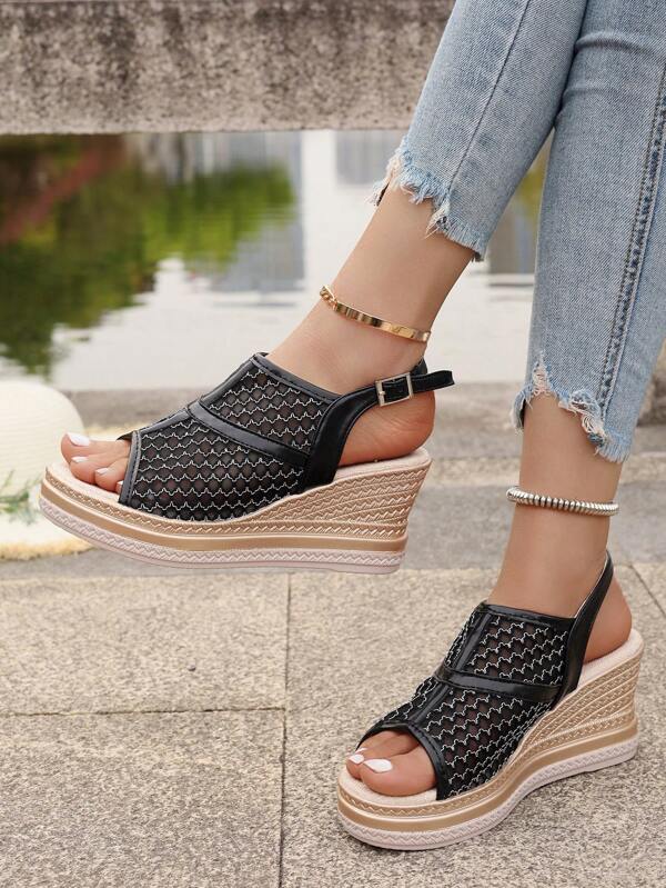 Sandali da donna con zeppa platform in stile bohémien, sandali estivi con tacco alto, zeppa spessa e punta aperta, scarpe eleganti