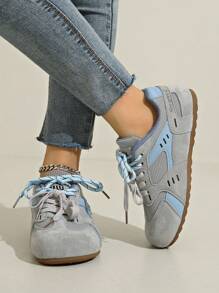 Women's Flat Lace-Up Trekking & Climbing Shoes, Mesh Patchwork Breathable Casual Sports Sneakers, Athleisure Y2K Style