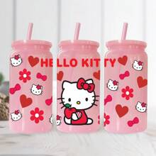 Sanrio 1 pieza Botella de agua de plástico rosa de 16 oz con estampado de Hello Kitty de Sanrio, adecuado para café, bebidas, cerveza, leche, jugo, un gran regalo de hidratación de verano para ella (con pajita reutilizable)