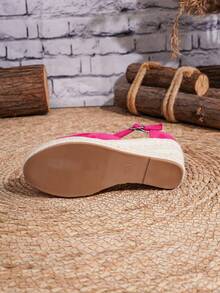 Women's Comfortable Non-Slip Strap Buckle Apricot Rope Platform Wedge Sandals, Spring/Summer - Hot Pink - View 4