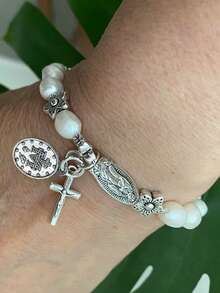 1pc Faux Pearl Beaded Flower & Cross Virgin Mary Pendant Bracelet, Vintage Style Suitable For Men And Women Daily Wear, Jewelry Gift - 彩色 - 查看 2