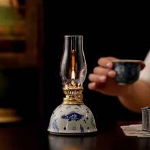 1pc Ceramic Blue And White Porcelain Floral Oil Lamp With Lamp Shade, Adjustable Wick, Suitable For Camping, Home Use, Festivals Like Christmas, Easter, Ramadan, Valentine's Day, Gift