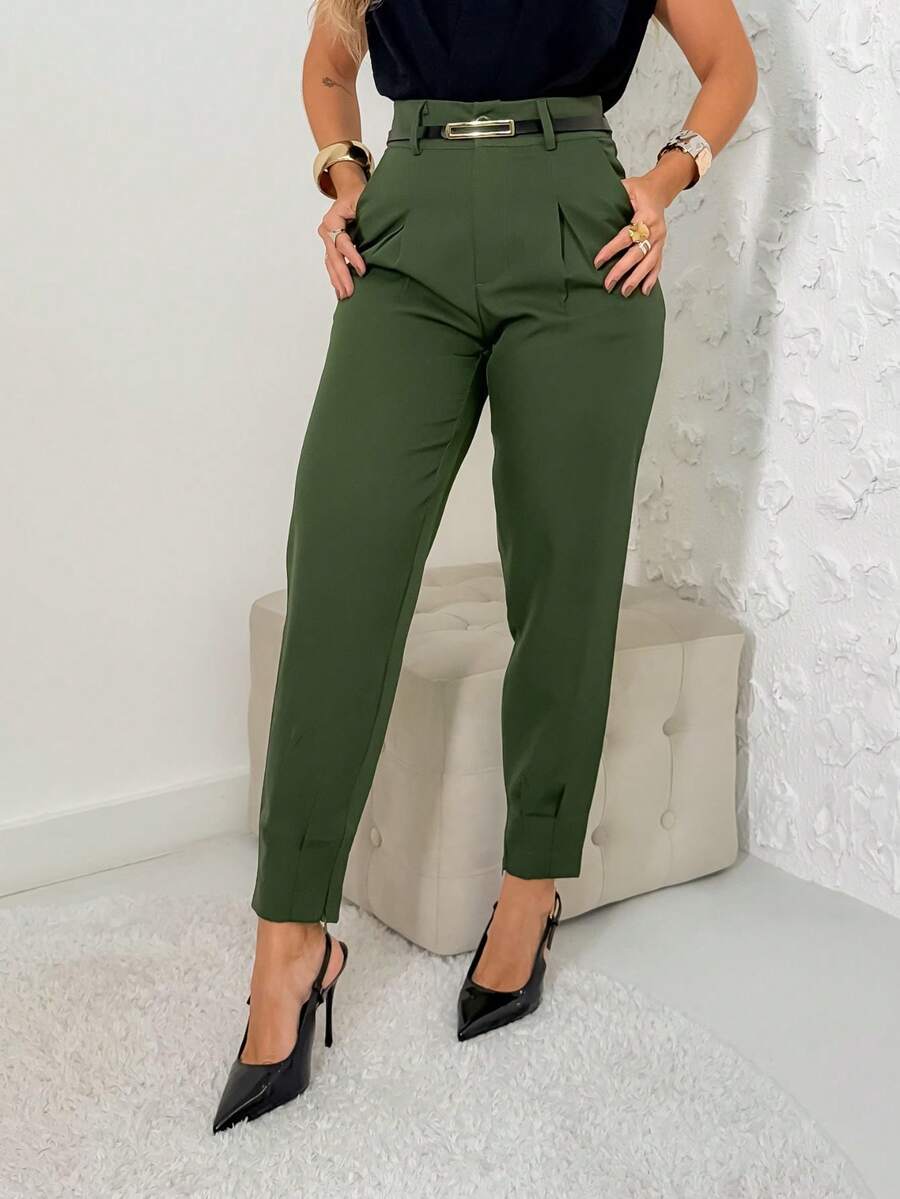 Miss Rabbit Trousers/Tailored/Women's/Zippered/Summer Winter/Elegant/Casual/Stylish/Belted - 軍綠色 - 查看 1