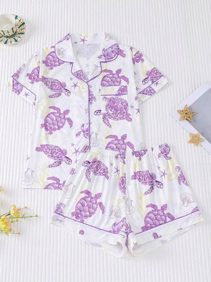 HOREA 2pcs/Set Cute Marine Style Sea Turtle Print Women Pajamas Set, Short Sleeve Lapel Cardigan Top And Loose Elastic Shorts, Casual All Season Sleepwear & Loungewear - Purple - View 1