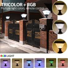 1 pieza Luz de columna con sensor solar, material de plástico, luz de paisaje de 7 colores, con control remoto, regulable, sensor de luz con encendido/apagado automático, lámpara de ambiente para exteriores, lámpara de pared para villa, luz decorativa para entrada, adecuada para patio, jardín, pared, puerta, balcón, escalera exterior