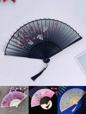 1pc Classical Chinese Style Folding Fan With Tassel, Portable For Hanfu & Dance