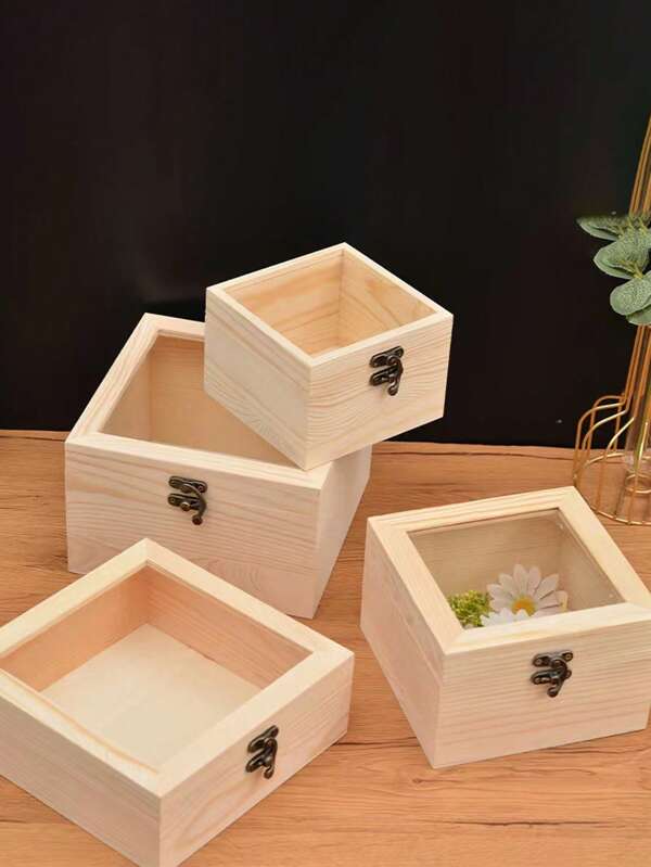 1pc Wooden Storage Box With Glass Cover, Gift Box For Necklace, Bracelet, Preserved Flower, Candy, Display