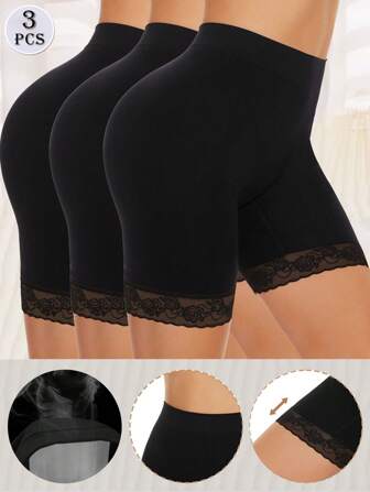 3PCS Lace Trim Biker Shorts,Slip Shorts For Women, Comfortable Smooth Stretch Seamless Slip Shorts For Under Dresses