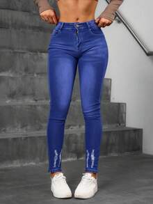Mujer skinny jeans azules con desgastes en los tobillos - Azul lavado oscuro - Ver 1