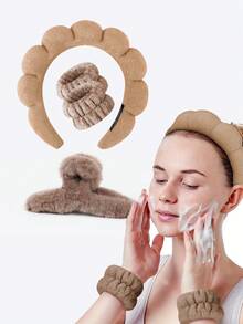 6 件女士水疗套装，波浪形优雅纯色加厚头带，腕带毛绒发圈腕带，用于洗脸和花朵发夹配件发箍 - 彩色 - 查看 1