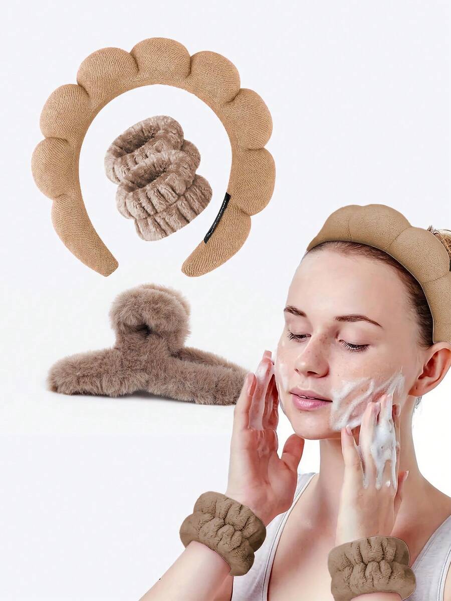 6 件女士水疗套装，波浪形优雅纯色加厚头带，腕带毛绒发圈腕带，用于洗脸和花朵发夹配件发箍 - 彩色 - 查看 1