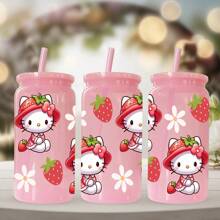 Sanrio 1 pieza Botella de agua de plástico rosa de 16 oz con estampado de Hello Kitty de Sanrio, adecuado para café, bebidas, cerveza, leche, jugo, un gran regalo de hidratación de verano para ella (con pajita reutilizable)