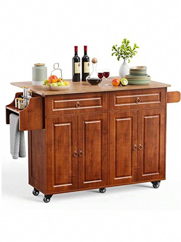 Lofka Kitchen Island With Drop Leaf, Kitchen Island On Wheels, Rolling Kitchen Cart With Large Storage Cabinet, Two Drawers, Spice Rack, Towel Rack, Island Table Rolling Breakfast Bar For Kitchen, Valentine's Day Ideas
