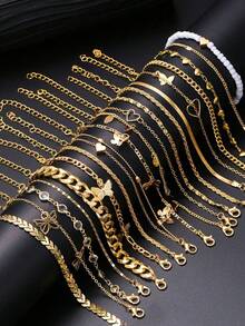 FAXHION 20pcs Casual Rhinestones,Heart,Butterfly Beach Anklet Set For Women's Daily Parties, Beach Vacation,Banquets, Weddings, Etc - 款式一 - 查看 1