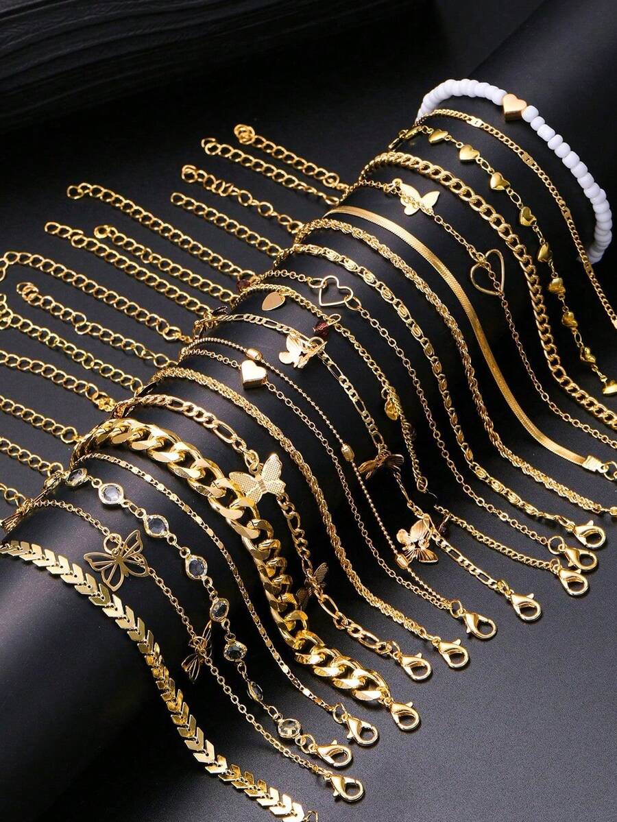 FAXHION 20pcs Casual Rhinestones,Heart,Butterfly Beach Anklet Set For Women's Daily Parties, Beach Vacation,Banquets, Weddings, Etc - 款式一 - 查看 1