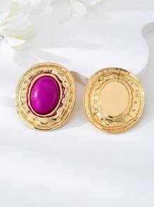 1pair Geometric Textured Oval Shape Inlaid Oval Pearl Vintage Elegant Ear Studs Earrings For Women